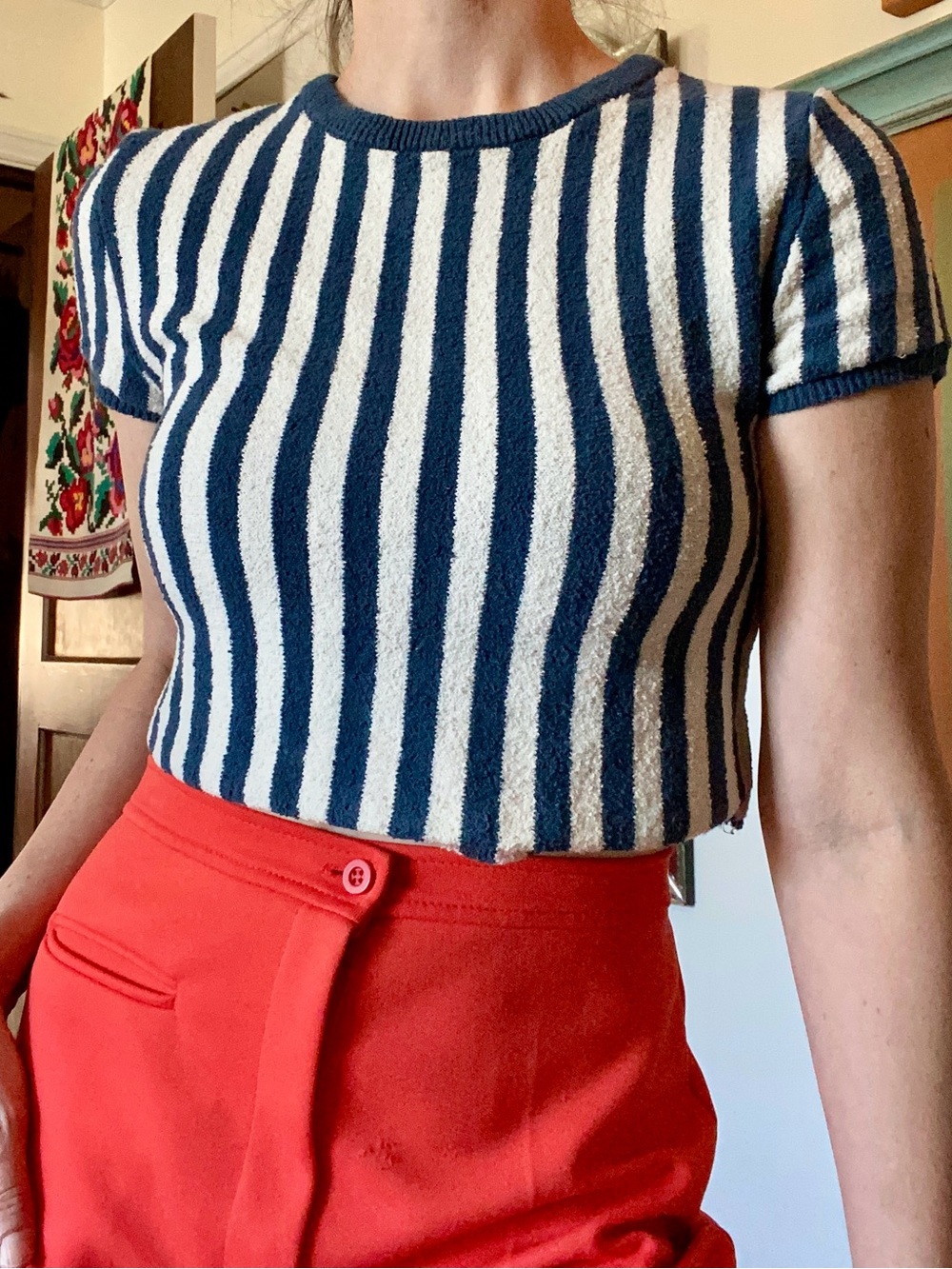 Striped Navy and Cream Short Sleeve Terry Cloth Crop Top